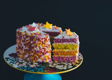 Colorful cake on colorful cake stands
