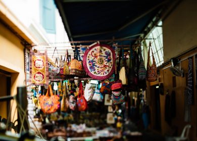 Outdoor shop with bags and other items