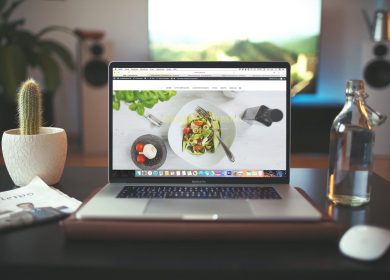 Laptop with salad on the screen with cactus and bottle of fluid next to it