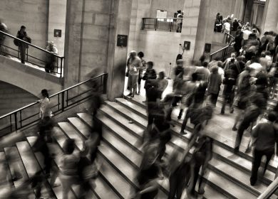 View of people on large public staircase