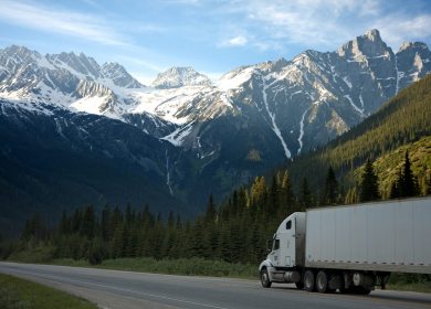 View of Semi-truck with trailer on a road with snow covered hills in the background